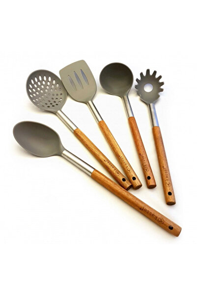KASSEL KS 93571 kitchen utensils, 5 pieces, Acacia handles, Brown/gray