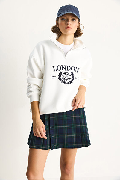 Bianco Lucci Kadın London İşlemeli Dik Yaka Fermuar Detaylı Şardonlu Oversize Sweatshirt 10003 60283529