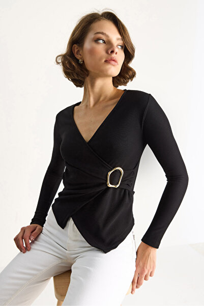 Bianco Lucci Kadın Kruvaze Yaka Gold Toka Detaylı Uzun Kollu Bluz 2280 60283517