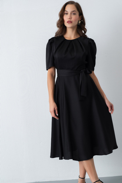 Lafaba Γυναικείο Μίντι Σατέν Φόρεμα με Μαύρο Μπαλόνι Μανίκια