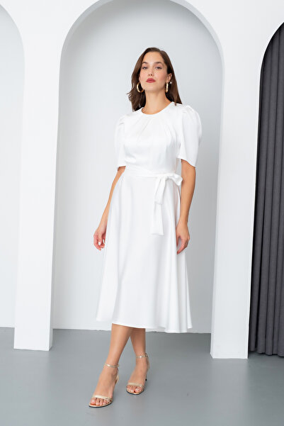 Lafaba Kadın Beyaz Balon Kol Midi Saten Elbise