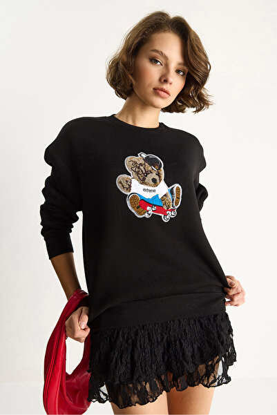 Bianco Lucci Kadın Teddy Nakış İşlemeli Bisiklet Yaka Salaş Sweatshirt 6864 60283522