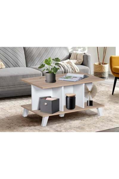 BAITY Two-Tier Coffee Table with Malaysian Wood Shelves in White and Light Brown