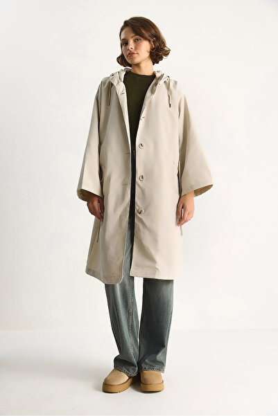 Bianco Lucci Women's Hooded Lined Pocket Detailed Mid-Length Seasonal Trench Coat 7024 60283546