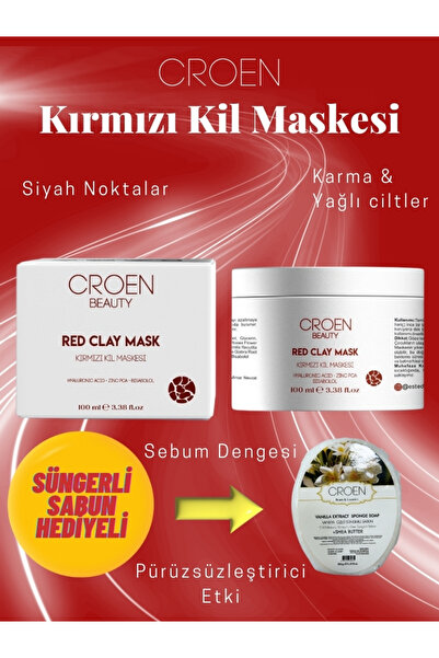 Croen Beauty Kırmızı Kil Maskesi HEDİYELİ | Gözenek Sıkılaştırıcı | Siyah Nok...