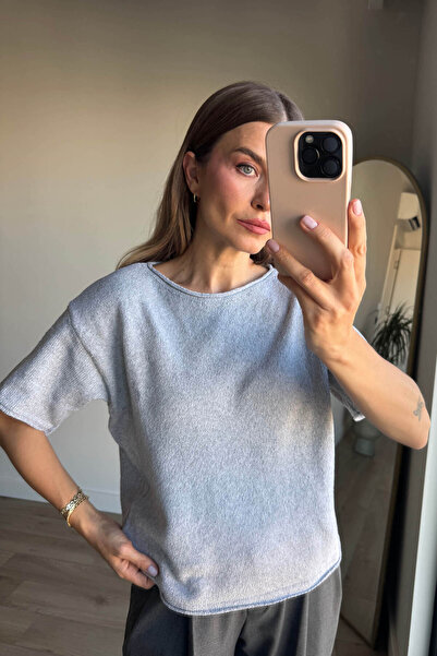 Sue Store Γκρι πλεκτή μπλούζα με λαιμόκοψη oversize