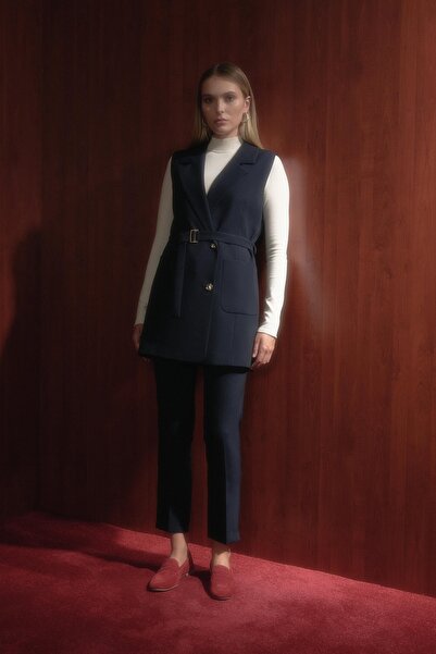 Nihan Kuşaklı Kruvaze Yelek Lacivert