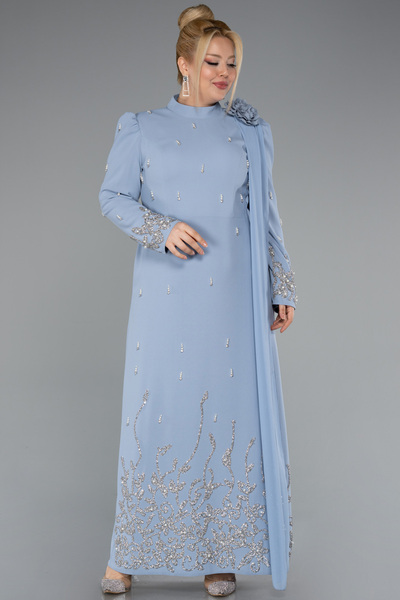 Abiyefon Gri-İndigo Taşlı Uzun Kol Dik Yaka Büyük Beden Tesettür Abiye ABU4936