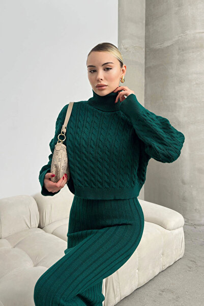 bacc Női smaragdzöld, magas nyakú, kötött mintás, rövidített pulóver és kötött ruha szett BC231004