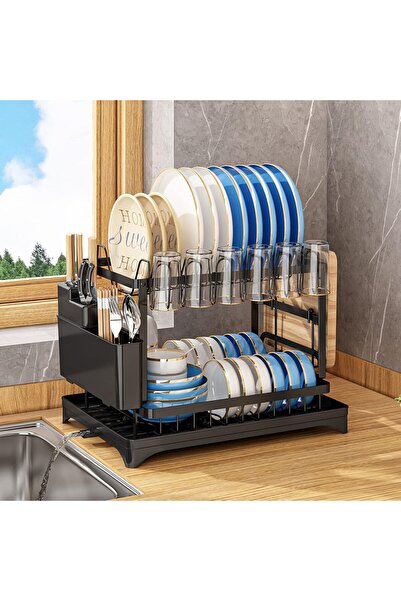 Cozy Nest رف تجفيف أطباق قابل للطي من طبقتين مع حامل أدوات وحامل لوح تقطيع وص...