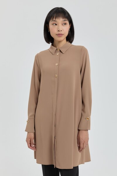 Nihan Düğme Detaylı Gömlek Yaka Tunik Camel