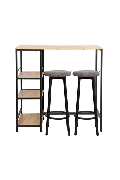 Adore Mobilya Step-Up 2 Tabureli Yüksek Ayaklı Raflı Yemek Masası Ceviz/Siyah 100x50x100