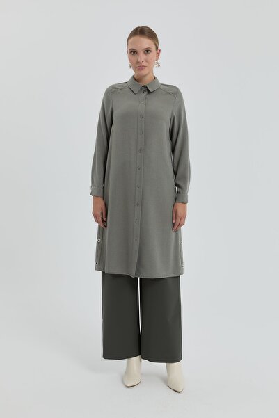 Nihan Kuşgözü Detaylı Gömlek Yaka Tunik Haki