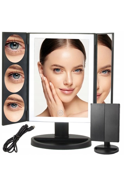 zola Foldable cosmetic mirror with LED lights, 3x-5x-10x magnification. stand, touch switch, USB cable