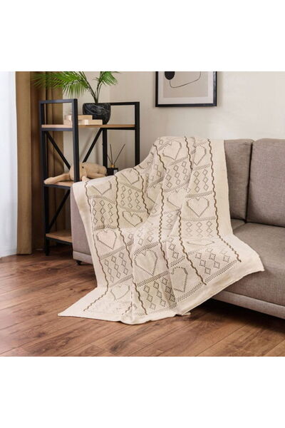 Evidea Soft Kalp Desenli Tirko Koltuk Şalı - Bej - 120x160 cm