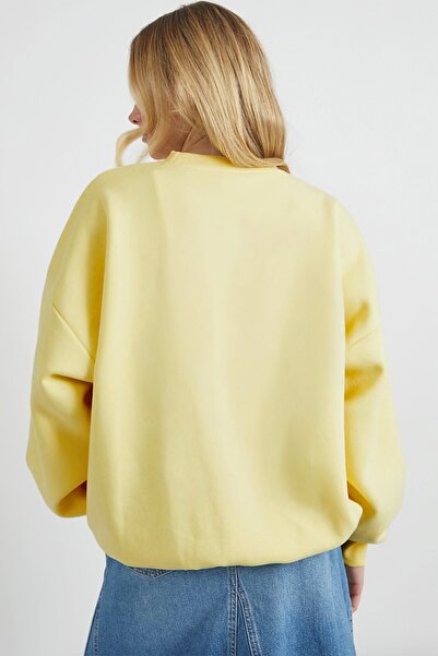 The Champ Clothing Γυναικείο φούτερ Oversize με ροζ κορδέλα με στάμπα κίτρινο – Λαιμόκοψη, 3 κλωστές από φλις με ανάγλυφο