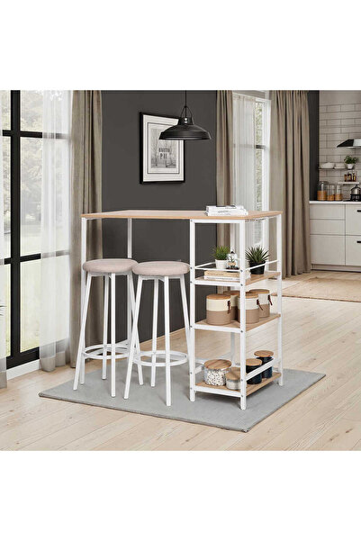 Adore Mobilya Step-Up 2 Tabureli Yüksek Ayaklı Raflı Mutfak Masa Takımı - Beyaz 100x50x100