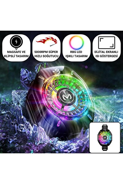 coofbe Gösteregeli 5000 RPM Turbo Fan Işıklı Klipsli Buz Etkili Telefon Soğut...