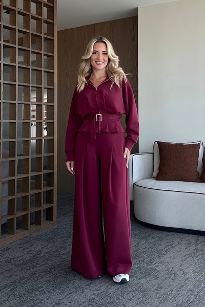 Laluvia Burgundy Belted Trousers with Pencil Suit - 7278