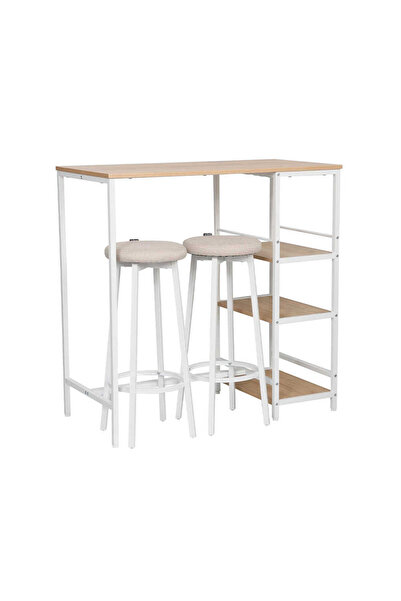 Adore Mobilya Step-Up 2 Tabureli Yüksek Ayaklı Raflı Mutfak Masa Takımı - Beyaz 100x50x100