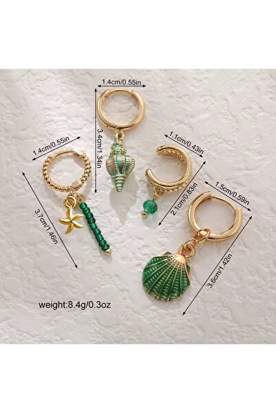 BEREN KILIÇ Gold Deniz Kabuğu ve Yıldız Motifli Dörtlü Sallantılı ve Kıkırdak Küpe