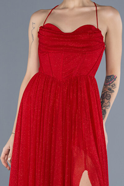 Abiyefon Kırmızı Bacak Dekolteli Balenli Uzun Simli Mezuniyet Elbisesi ABU4596