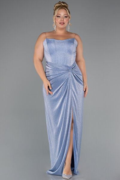 Abiyefon İndigo Straplez Yırtmaçlı Uzun Simli Büyük Beden Abiye ABU5340