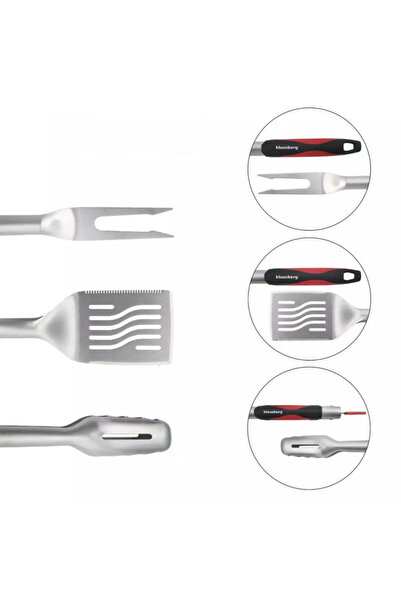 Klausberg 3 barbecue utensils KB 7899, Tong, Fork, Spatula, Hanging hole, Stainless steel, Black/Red