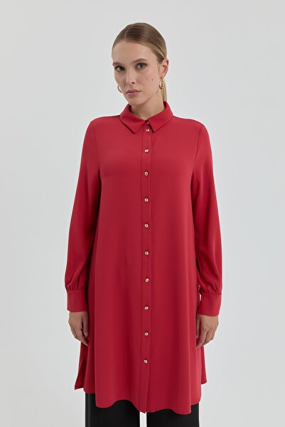 Nihan Gold Düğmeli Gömlek Yaka Tunik Bordo