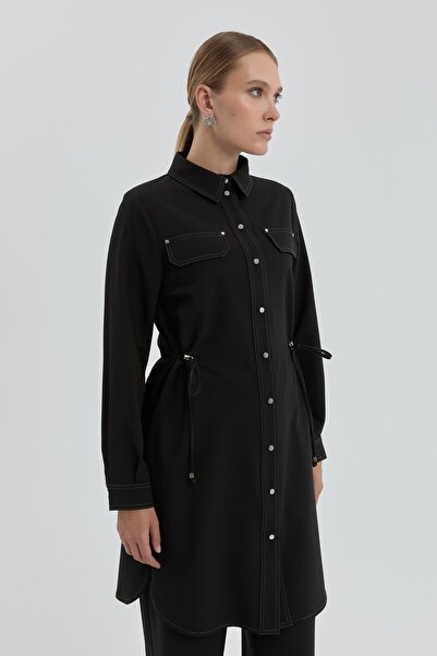 Nihan Beli Büzgülü Süs Cepli Tunik Siyah