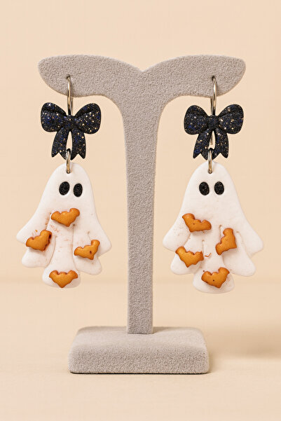 Lu Atelier Phantom Bows Halloween Special Design Earrings with Ghost Figures and Shiny Ribbons - Handmade Polymer Clay