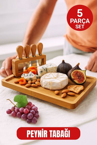 Open Home Concept 5 Parça Bambu Peynir Sunum Tahtası Seti – Bıçak, Çatal ve Spatulalı Şık Peynir Kesim Panosu