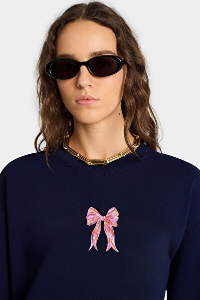 The Champ Clothing Γυναικείο φούτερ Oversize με ροζ κορδέλα με στάμπα σε μπλε ναυτικό – Λαιμόκοψη, 3 κλωστές από φλις με ανάλαφρο χρώμα