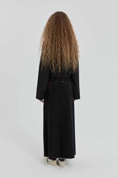 Nihan Gabardin Nakış Detaylı Etek Siyah