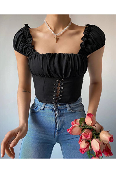 Bak Moda Zipper Detailed Front Tie Black Crop