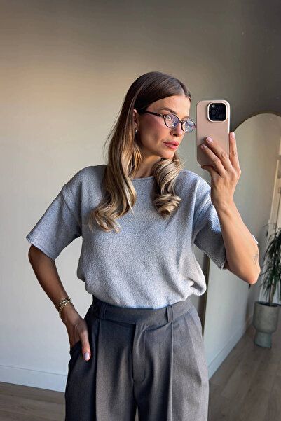 Sue Store Γκρι πλεκτή μπλούζα με λαιμόκοψη oversize