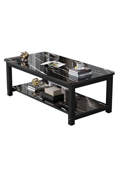OEM Rectangular Decorative Table, Black Metal Frame, Marble-like MDF Top, Industrial Style, 80x40cm