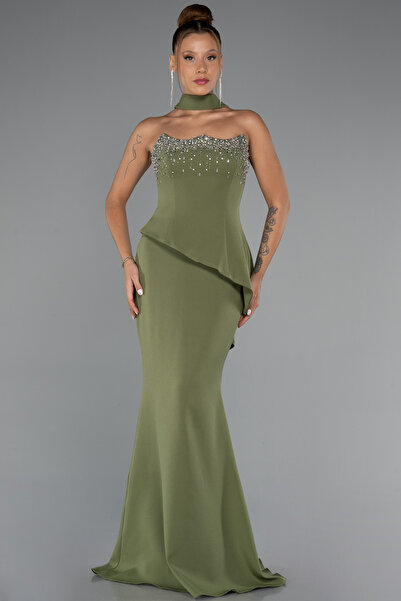 Abiyefon Haki Taşlı Straplez Yaka Peplum Kesim Uzun Abiye ABU5329