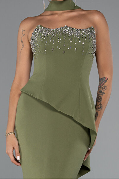 Abiyefon Haki Taşlı Straplez Yaka Peplum Kesim Uzun Abiye ABU5329