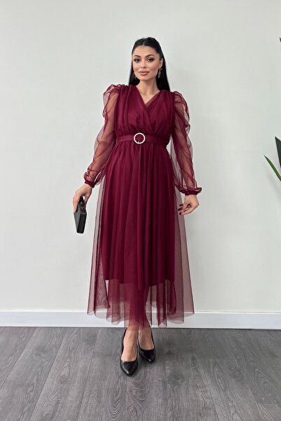 giyimmasalı Tulle Fabric Double Breasted Neck Stone Belt Detail Dress - Bordo