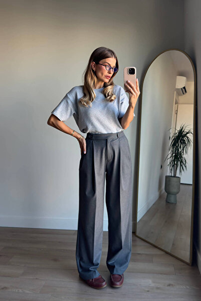 Sue Store Γκρι πλεκτή μπλούζα με λαιμόκοψη oversize