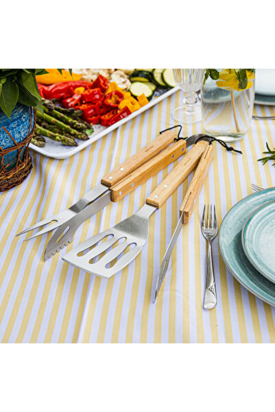 Kinghoff 3 barbecue utensils KH 1918, Spatula, Tong, Wooden handles, Hanging, Stainless steel/brown