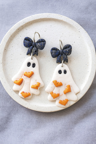 Lu Atelier Phantom Bows Halloween Special Design Earrings with Ghost Figures and Shiny Ribbons - Handmade Polymer Clay