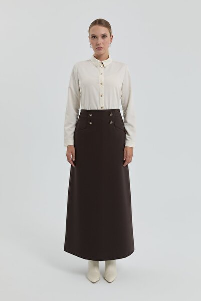 Nihan Süs Düğme Detaylı Etek Kahve