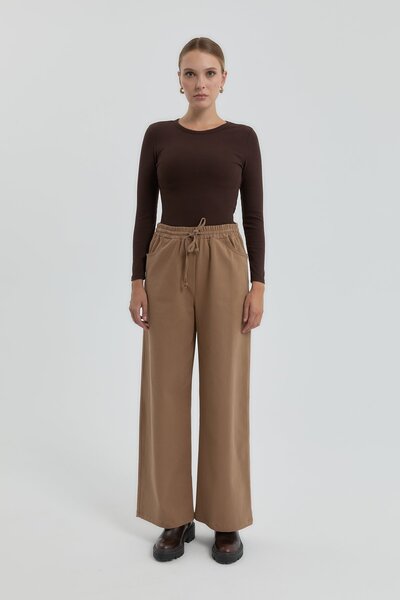 Nihan Gabardin Beli Lastikli Bol Paça Pantolon Vizon