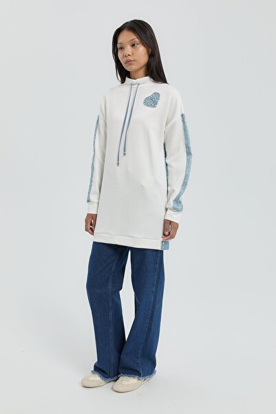 Nihan Denim Detaylı Örme Tunik Beyaz