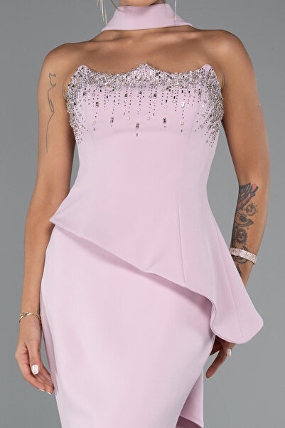 Abiyefon Pudra Taşlı Straplez Yaka Peplum Kesim Uzun Abiye ABU5329