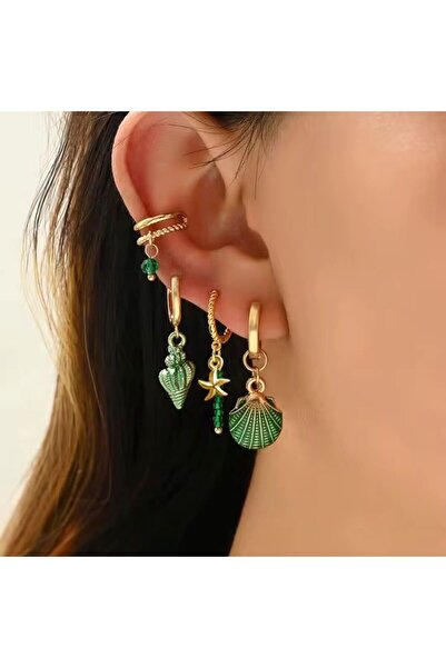 BEREN KILIÇ Gold Deniz Kabuğu ve Yıldız Motifli Dörtlü Sallantılı ve Kıkırdak Küpe