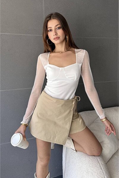 DazzUp Women's Square Neck Tulle Detailed Blouse