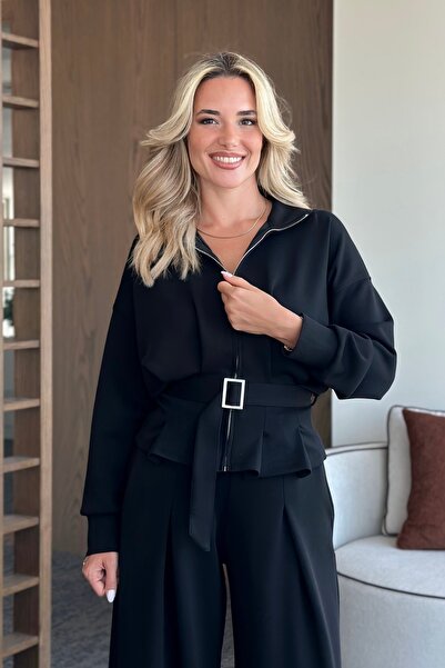 Laluvia Black Belted Trousers with Pencil Suit - 7278